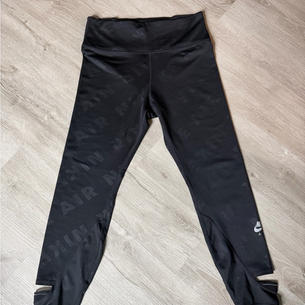 Nike Air Dri-FIT Cropped Leggings Black Tonal Print Cutout Ankle